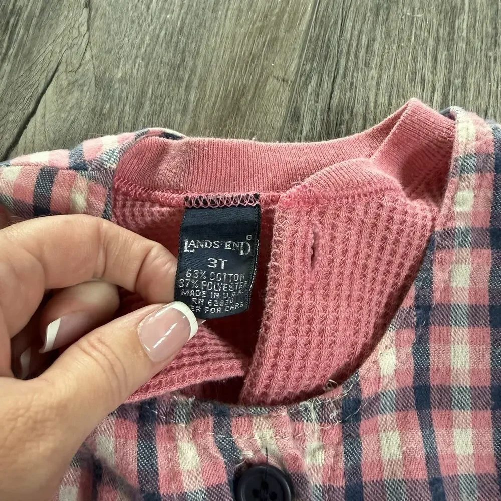 Vtg Lands End 90s Plaid Jumper Dress Girls Toddler 3T Pink Blue Thermal Layered
